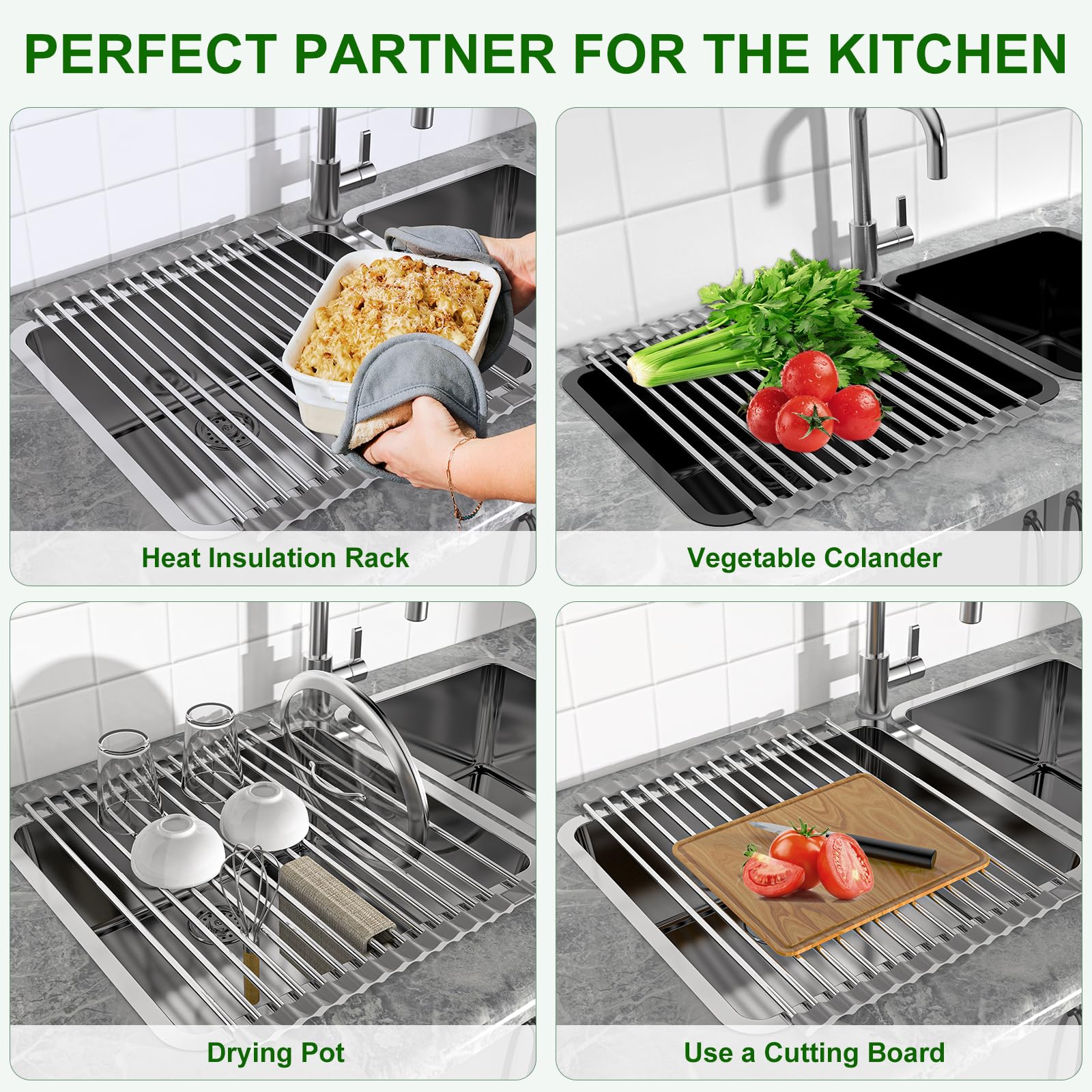 Sindax 23.7" Extra Large Dish Drying Rack, Expandable Roll Up Over The Sink Dish Drying Rack, SUS304 Stainless Steel Multipurpose Kitchen Drainer Rack Up Load to 70Lb