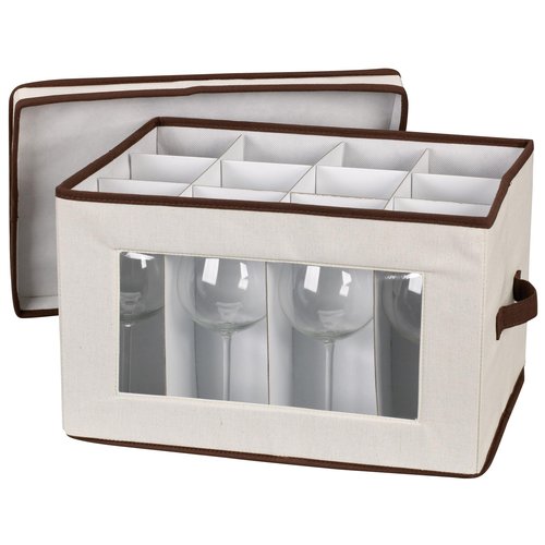 Household Essentials Wine Glass Storage Box, Strong Frame and Handles, Windowed Panel, Fully Removable Lid, Stackable and Foldable, Perfect for Wider Stemware