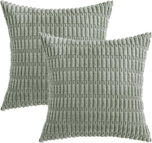 MIULEE Euro Sham Pillow Covers - Soft Boho Striped Corduroy | 24x24 Inch, Greyish Green, Set of 2