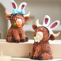 LEAESMHR Easter Highland Cow Decor, 2Pcs Resin Highland Cow Figurines with Bunny Ears, Carrot, Flowers, Festive Decor for Easter, Spring Table Centerpiece for Mantle Shelf