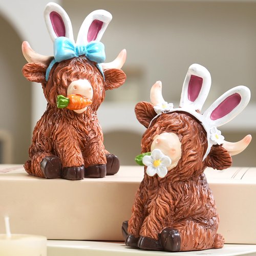 LEAESMHR Easter Highland Cow Decor, 2Pcs Resin Highland Cow Figurines with Bunny Ears, Carrot, Flowers, Festive Decor for Easter, Spring Table Centerpiece for Mantle Shelf