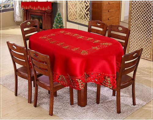 Grelucgo Super Large Embroidered Christmas Holiday Holly Tree Dining Tablecloth (57 × 120 Inches Oval Tablecloth)