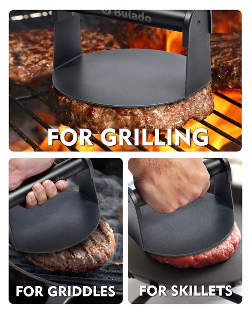 Bulado Burger Press, 6'' Round Burger Smasher for Griddle with Heat-Resistant Handle, Teflon-Coated Iron Non-Stick Hamburger Smasher Tool for Flat Top Griddle, Grill, BBQ, Cooking, Gift Package