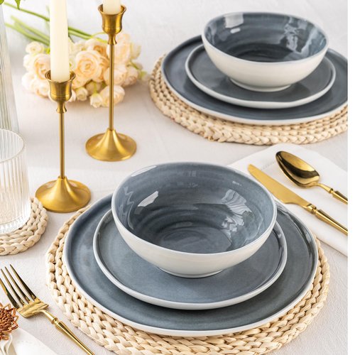 LERATIO Ceramic Dinnerware Sets for 4,Porcelain Plates and Bowls Sets with Wavy Edge,Microwave & Dishwasher & Oven Safe,Light Weight & Scratch Resistant Dishes Sets-Service for 4-Jean blue (12pcs)