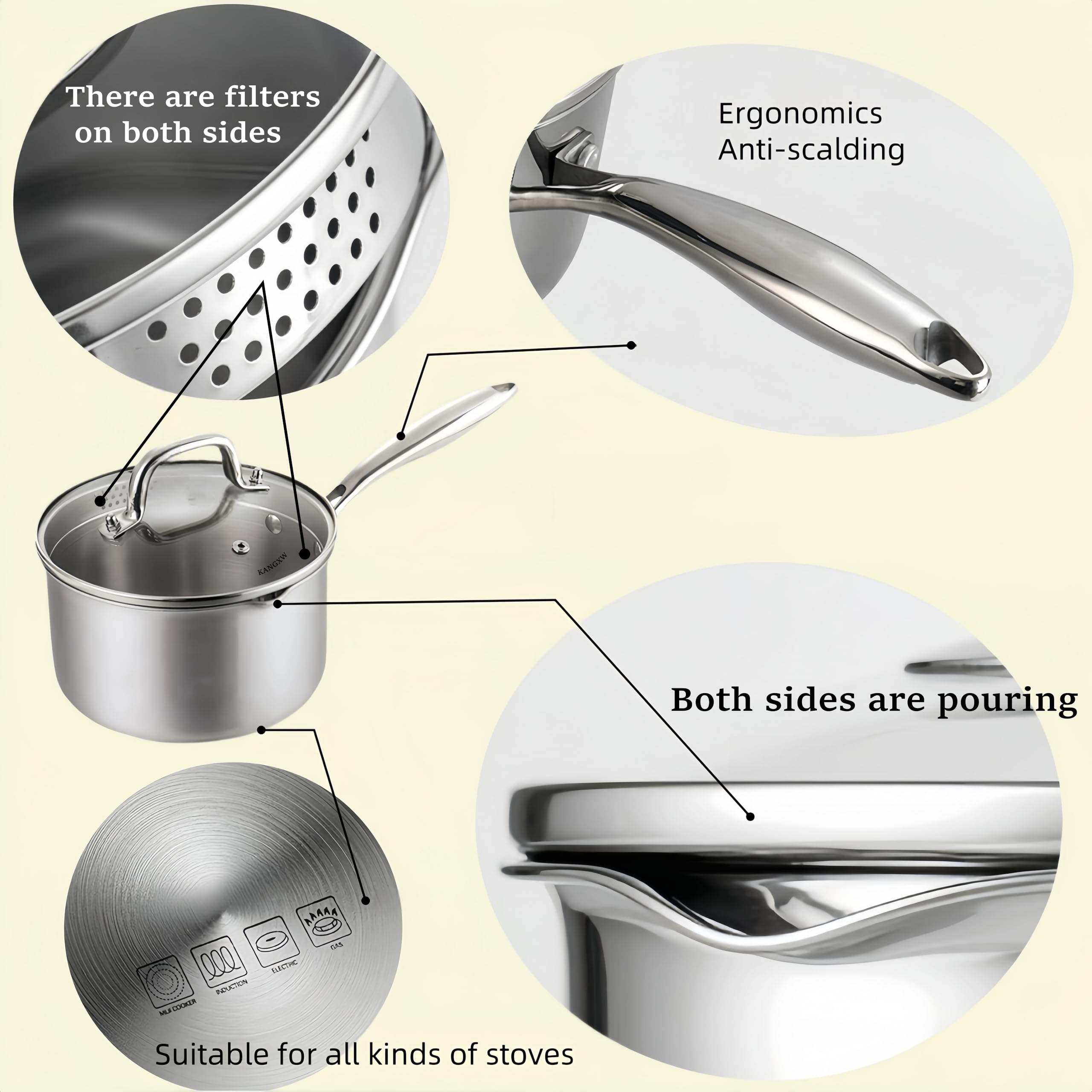 KANGXW 2.0 Quart Stainless Steel Saucepan With steamer,With Pour Spout and Filter Glass Lid Milk Pan, Sauce, Gravy, Pasta Stock Pot For All Stovetops