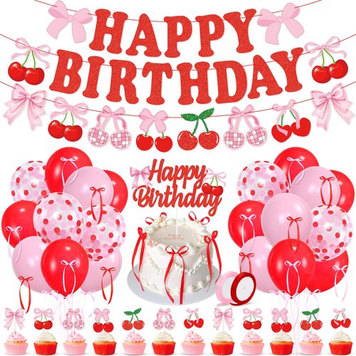 K KUMEED Cherry Birthday Decorations,Happy Birthday Cherry Banner,Summer Fruit Cherry Party Supplies Cake Topper Latex Balloons for Women Girl Birthday Party Favors