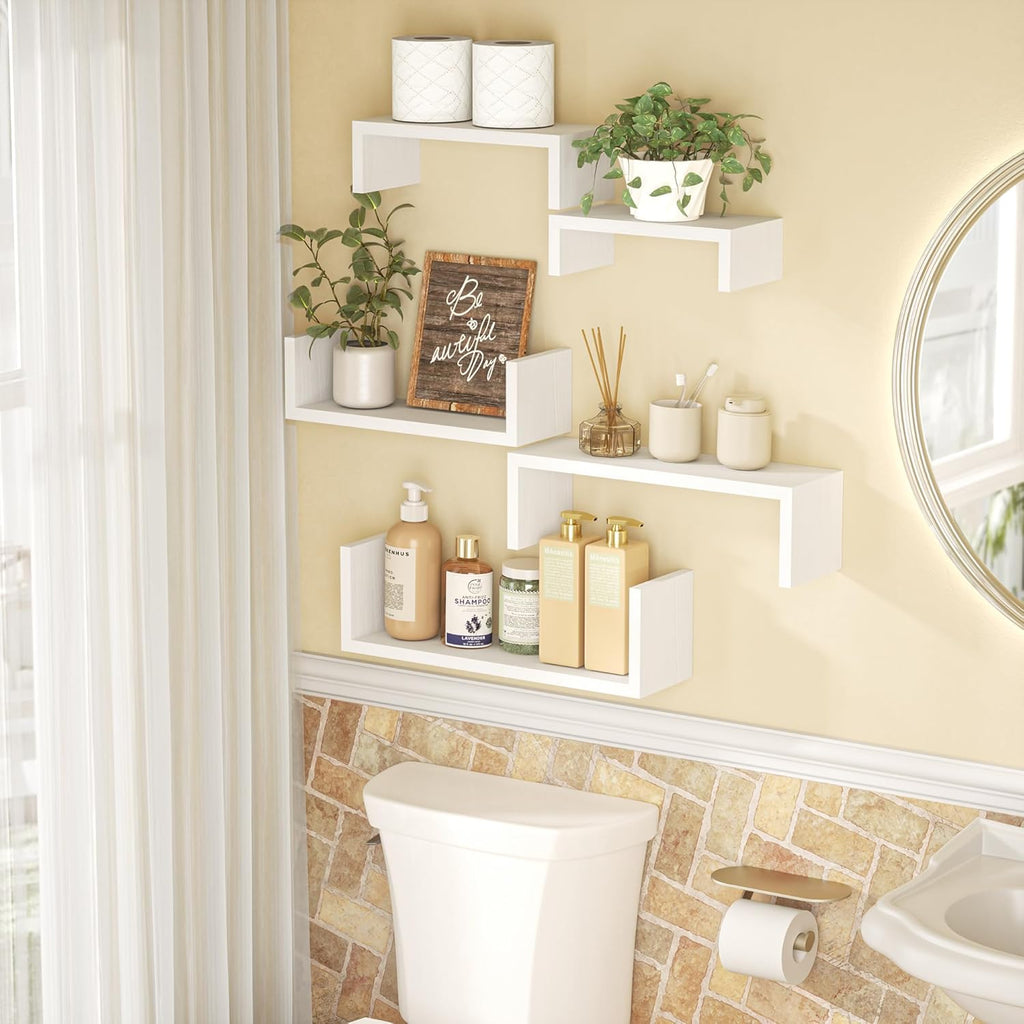 SRIWATANA Floating Wall Shelves - Set of 5 Wood Shelves for Home Decor | Versatile for Bathroom, Bedroom, Kitchen, Office - Washed White