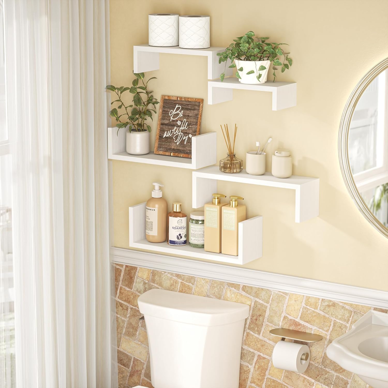 SRIWATANA Floating Wall Shelves - Set of 5 Wood Shelves for Home Decor | Versatile for Bathroom, Bedroom, Kitchen, Office - Washed White