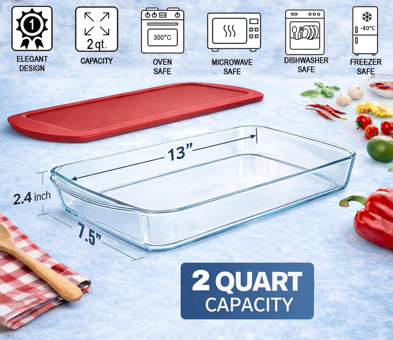 Ums 2-Qt Glass Baking Dish - Borosilicate Casserole Dish with Lid | Oven, Microwave & Dishwasher Safe (13" x 7.5" x 2.4")