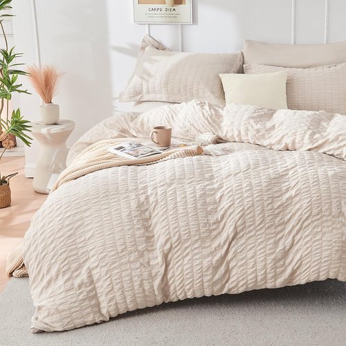 HYMOKEGE King Comforter Set - Luxurious Beige Seersucker 7-Piece Bedding Set for All Seasons