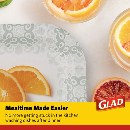 Glad Square Heavy Duty Paper Plates, Soak Proof and Cut Proof Disposable Plates for Parties and Everyday Meals, Microwaveable for Easy Serving, Grey Victorian Pattern, 7 Inch, 50 Count - 12 Pack