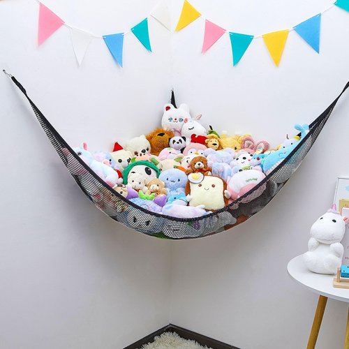 FIOBEE Stuffed Animals Net or Hammock Toy Storage Organizer Toy Hammock Net Bedroom Decor Hanging Storage with Hooks for Girl Kids Playroom Nursery, Black