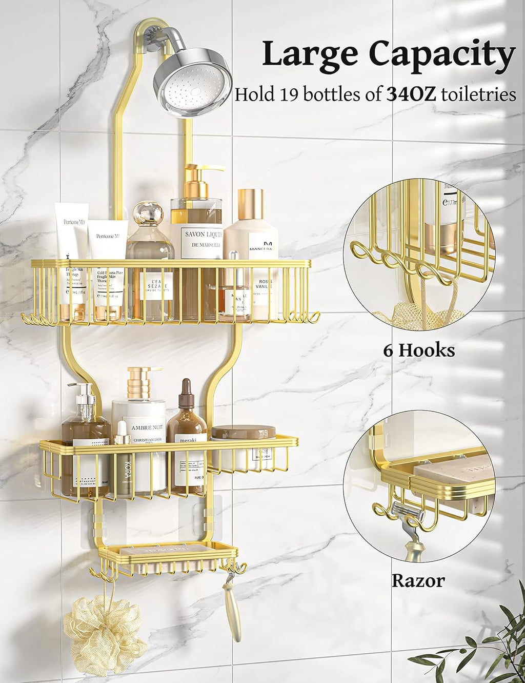 YASONIC Shower Caddy Organizer - Rust-Free Aluminum Over-the-Showerhead Rack with 10 Hooks & Soap Basket - Gold