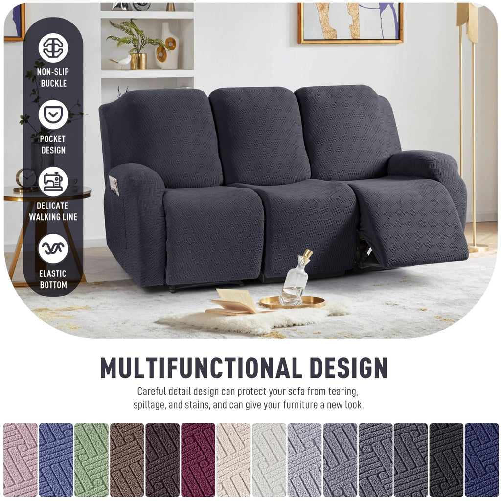 KinCam Recliner Covers, Stretch Reclining Chair Covers, Recliner Sofa Slipcovers Stripe Jacquard Recliner Couch Covers Furniture Protector Covers for Pet Kid (3 Seater, Charcoal Gray)