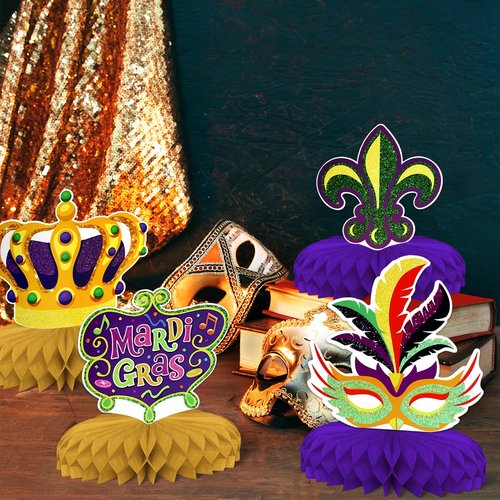 Mardi Gras Theme Party Decorations,8 PCS KSKSPE Mardi Gras Centerpieces for Tables Honeycomb Centerpieces 3D Mardi Gras Theme Party Decor Supplies Boys Girls
