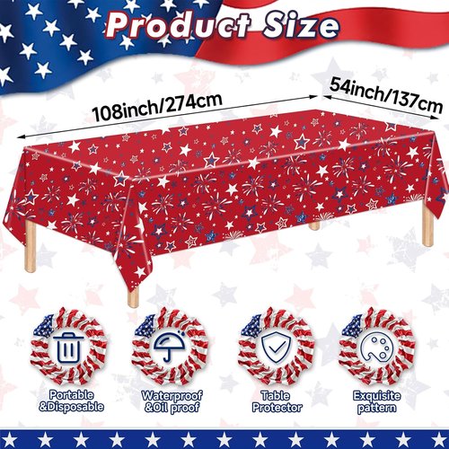 3 Pcs Patriotic Tablecloth | 4th of July Red, White & Blue Disposable Table Cover - 54 x 108 Inch