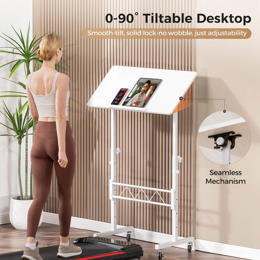 COMHOMA Small Standing Desk Adjustable Height & Tiltable Tabletop, Mobile Stand Up Desk for Laptop, Portable Computer Table for Home Office Work and Walking Pad Treadmill, Height 30.7"-46.4", White