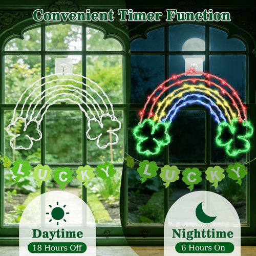 Lewondr St Patricks Day Decorations, 68LEDs Rainbow Window Lights USB Operated with Remote 8 Modes, St Patricks Day Party Decor Silhouette Lights, 1 Pack