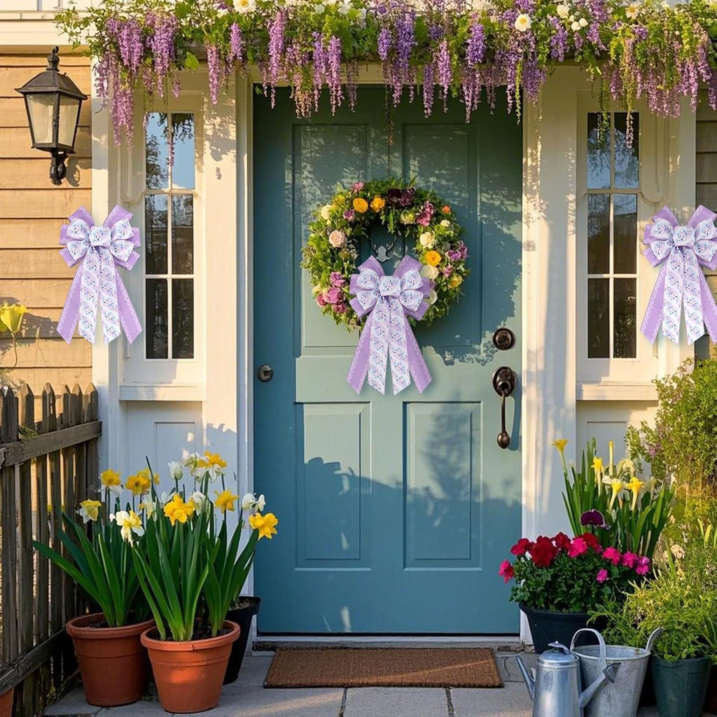 Spring Floral Wreath Bows - Purple Burlap Wired Bows with Lace for Rustic Indoor/Outdoor Decor