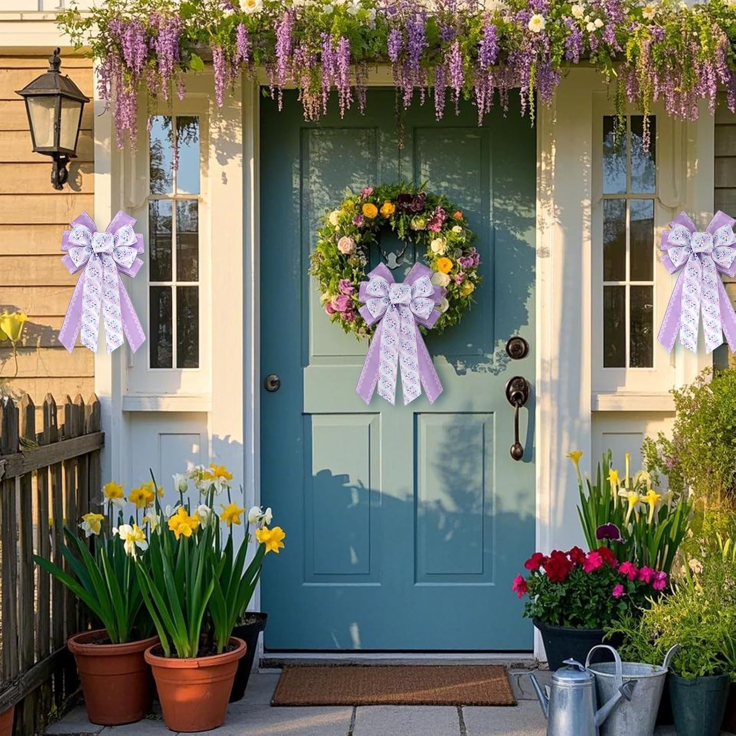 Spring Floral Wreath Bows - Purple Burlap Wired Bows with Lace for Rustic Indoor/Outdoor Decor