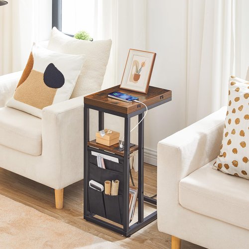 HOOBRO Foldable End Table with Charging Station, C Shaped Side Table with Storage Bag, Slide Under Sofa Couch Table for Small Spaces in Living Room, Bedroom, Easy Assembly, Rustic Brown BF101USF01