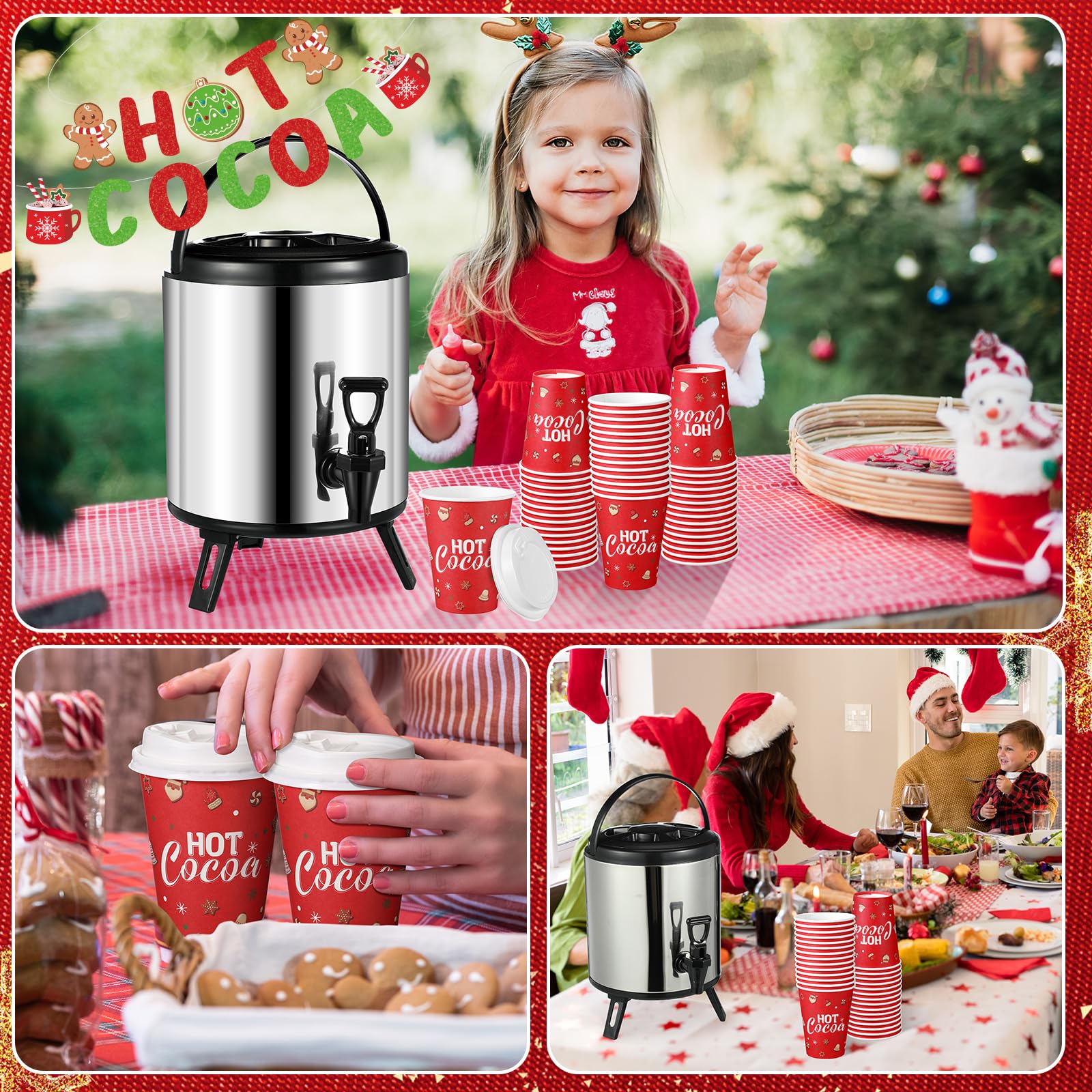 Sliner 103 Pcs Hot Chocolate Stand Bar Supplies Kit Include 1.3 Gallon Hot Cocoa Drink Dispenser, Banner Sign, Tablecloth, 100 Disposable Paper Cups with Lids for Christmas Winter Party(Multicolor)