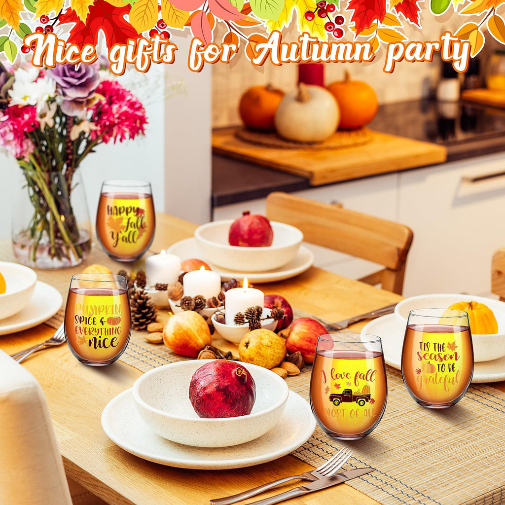 Umigy 4 Pcs 17oz Fall Stemless Wine Glasses Hello Thanksgiving Autumn Decorations Pumpkin Spice Tumbler Harvest Tumbler Cups Kitchen Friendsgiving Gifts for Sisters, Friends, Colleagues