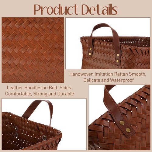 Reallnaive 6 Pcs Wicker Storage Basket with Handle, 15"x 11" x 7.9" Handmade Rattan Woven Laundry Basket for Organizing Shelf Blanket Car Bedroom Room Bathroom Storage, Brown