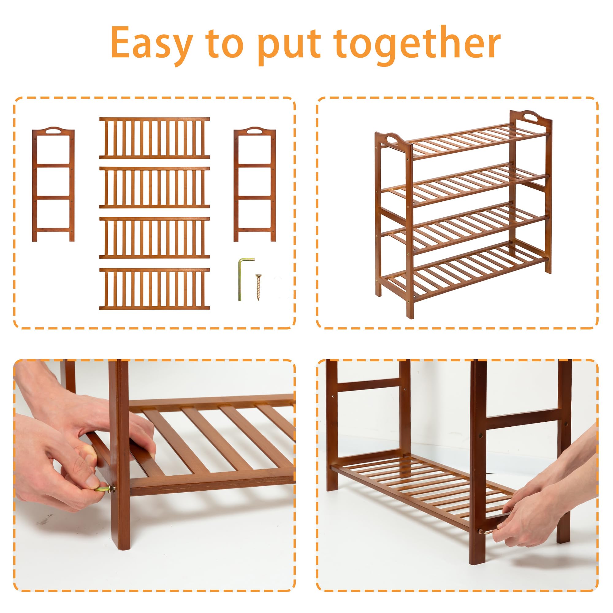 RMXANL 4 Tier Bamboo Shoe Rack, Free Standing Shoes Rack Shoe Shelf Shoe Organizer for Closet, Entryway, Bedroom, Living Room, Front Door, Studio, Bathroom
