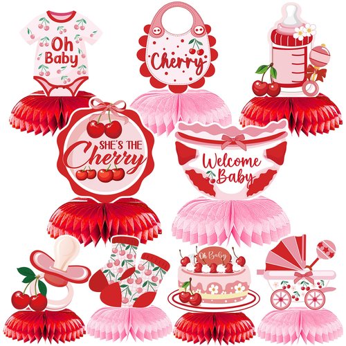 Refavor Cherry Baby Shower Decorations for Girls, 9PCS She's the Little Cherry Theme Honeycomb Centerpieces Decor, Cherry Welcome Baby Party Table Decoration Supplies Kids