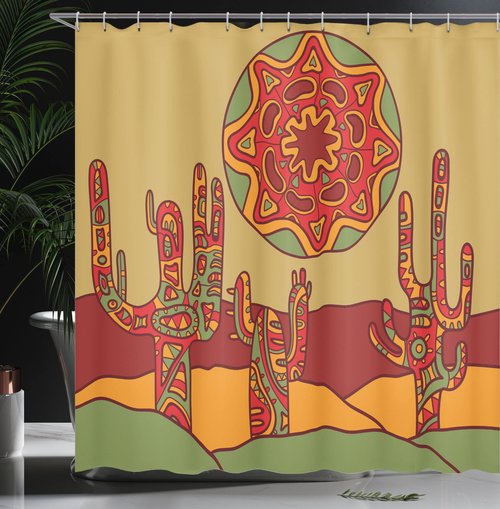 Ambesonne Cactus Shower Curtain, Print Cartoon Like Cactus Design with Oriental Effects Art Image Print, Cloth Fabric Bathroom Decor Set with Hooks, 69" W x 70" L, Burgundy Earth Yellow