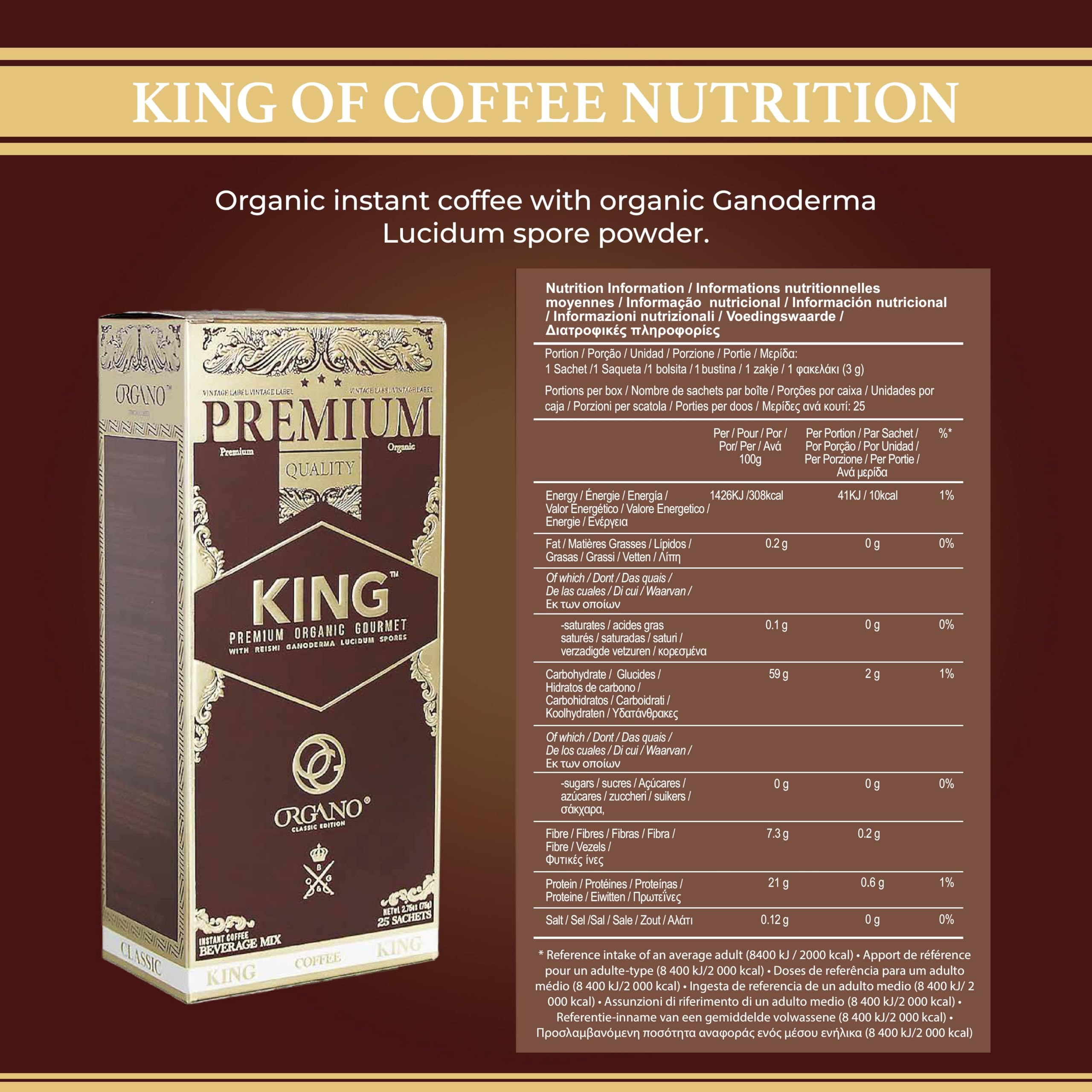 ORGANO King of Coffee, 100% Certified Ganoderma Lucidum (25 Sachets)