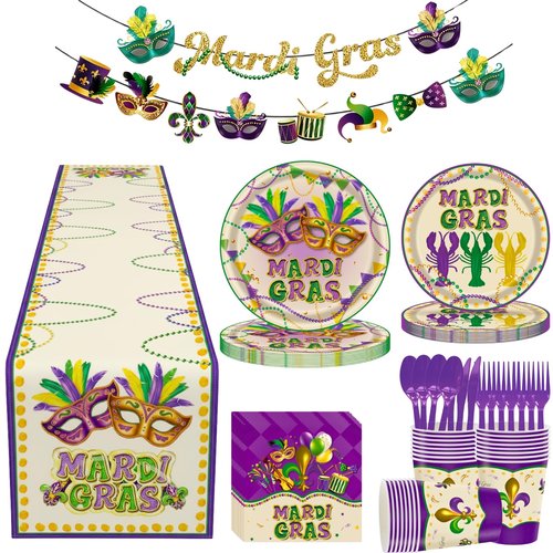170 PCS Mardi Gras Plates and Napkins Purple and Gold Party Supplies Set Disposable Dinnerware Set for 24 Guests Mardi Gras Decorations (B White)