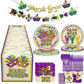 170 PCS Mardi Gras Plates and Napkins Purple and Gold Party Supplies Set Disposable Dinnerware Set for 24 Guests Mardi Gras Decorations (B White)