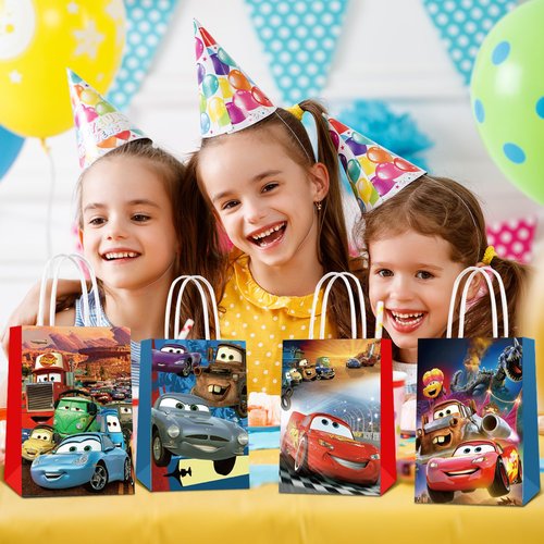 24 Pack Car Party Favor Gift Bags - 12 Pattern Paper Candy Bags with Handles, Reusable Kraft Tote Bags for Kids Birthday, Baby Shower, Wedding, Graduation, Party Supplies Decorations