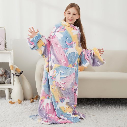 Softan Kids Snuggies Wearable Fleece Blanket with Sleeves & Foot Pocket for Kids Girls Boys, Lightweight Soft Blanket,Glow in the dark Rainbow Unicorn