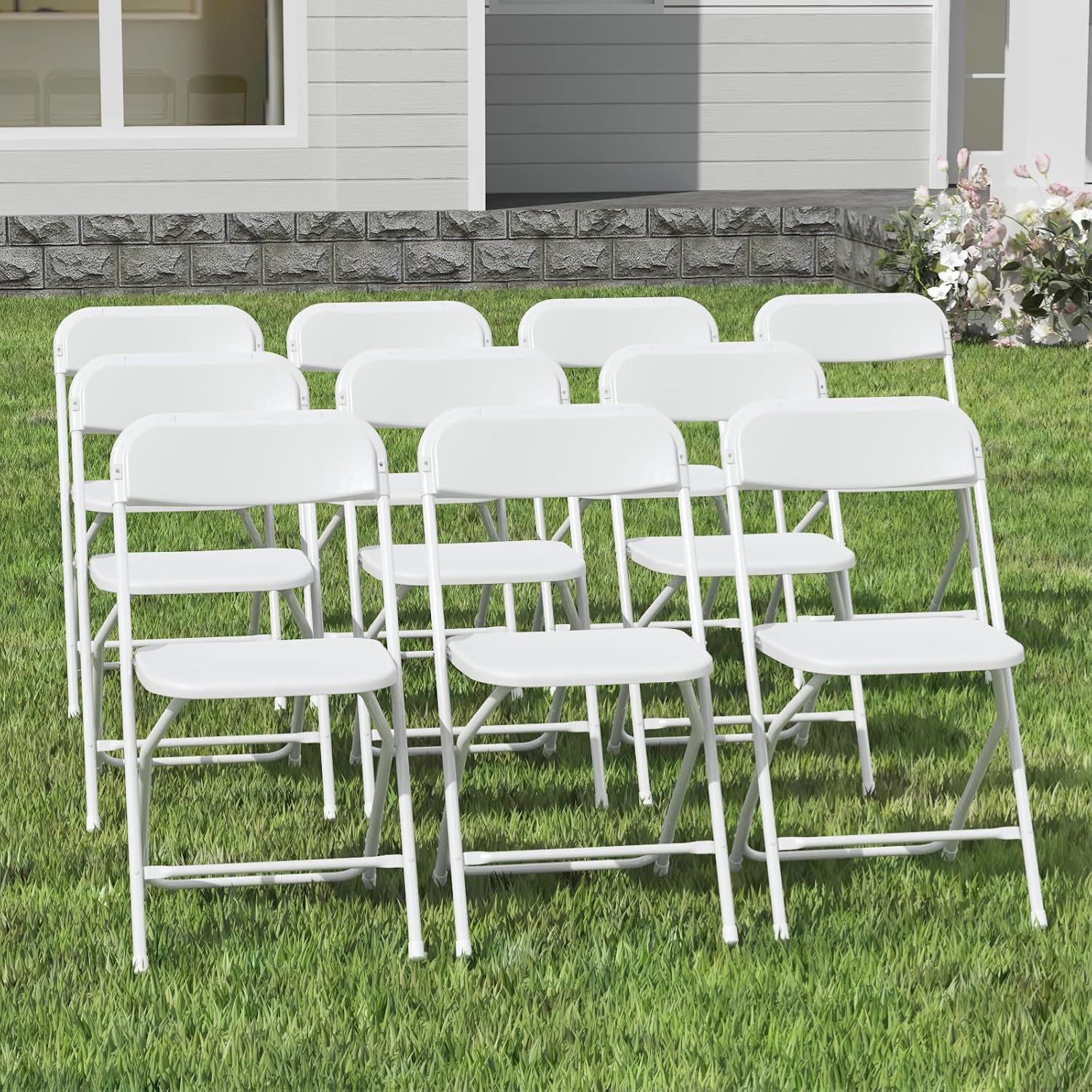 Skiennix Folding Chairs - 10 Pack White Plastic Chairs for Indoor/Outdoor Events | 350lb Capacity