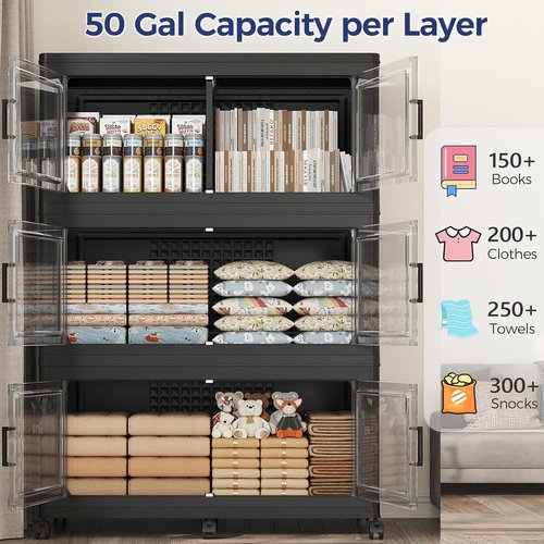 150GAL Extra Large Storage Bins by [Brand Name] - Stackable, Collapsible with Wheels | 3-Pack Black