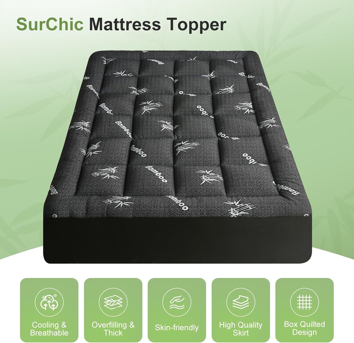 Skiennix Queen Size Mattress Topper - Soft Bamboo Viscose Pillow Top for Back Pain Relief | Cooling Dark Grey with Deep Pocket (8-21 Inch)