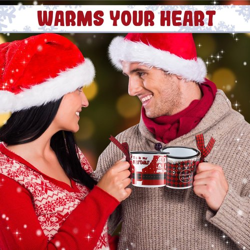 Sliner 12 Pcs Christmas Mini Coffee Mugs Bulk with Ribbon Plaid 8.5 oz Xmas Enamelware Metal Mug with Black Rim for Home Tiered Tray Table Kitchen Decoration Housewarming Gifts(Lovely)