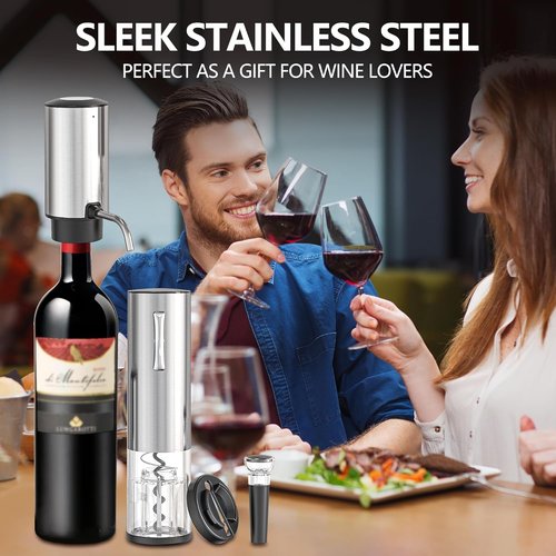 4-in-1 Rechargeable Electric Wine Opener Wine Aerator Gift Set with Electric Wine Decanter, Wine Stopper, Foil Cutter, Automatic Electric Wine Bottle Opener for Home Bar Parties, Stainless Steel