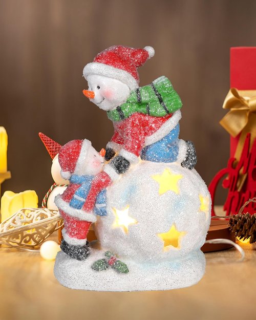 iStatue Snowman and Child Christmas Ornament - LED Light Resin Figurine | Unique Holiday Decor & Gift Idea