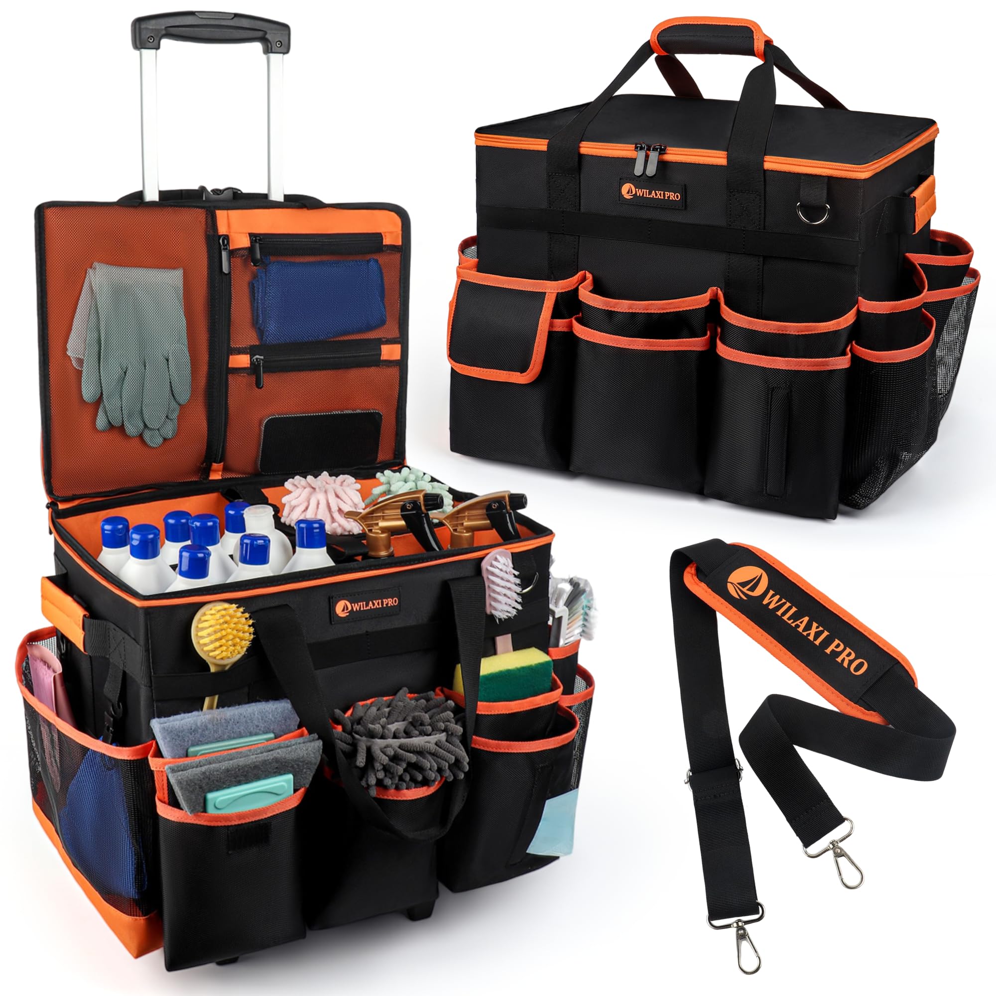 WILAXI PRO Large Rolling Cleaning Caddy with Wheels and Detachable Trolley, Extra Large Water-Resistant Cleaning Cart for Housekeepers, Cleaning Supplies Organizer with Multi-Pockets Tools Storage