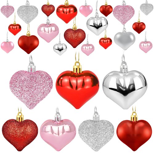 48PCS Heart Ornaments for Valentines Day Decorations, 2 Sizes Heart Shaped Ornaments for Christmas Valentine Tree, Red Pink Silver Glitter Hearts Hanging Decorations for Valentines Day Decor