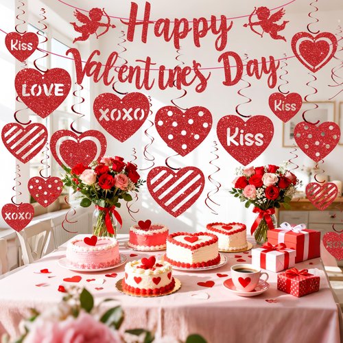 52Pcs Happy Valentines Day Decorations Valentine's Day Banner Glitter Valentine Hanging Swirls Ceiling Foil Decor Red Hearts Cutouts for Happy Valentine's Day Party Wedding Anniversary Theme Supplies