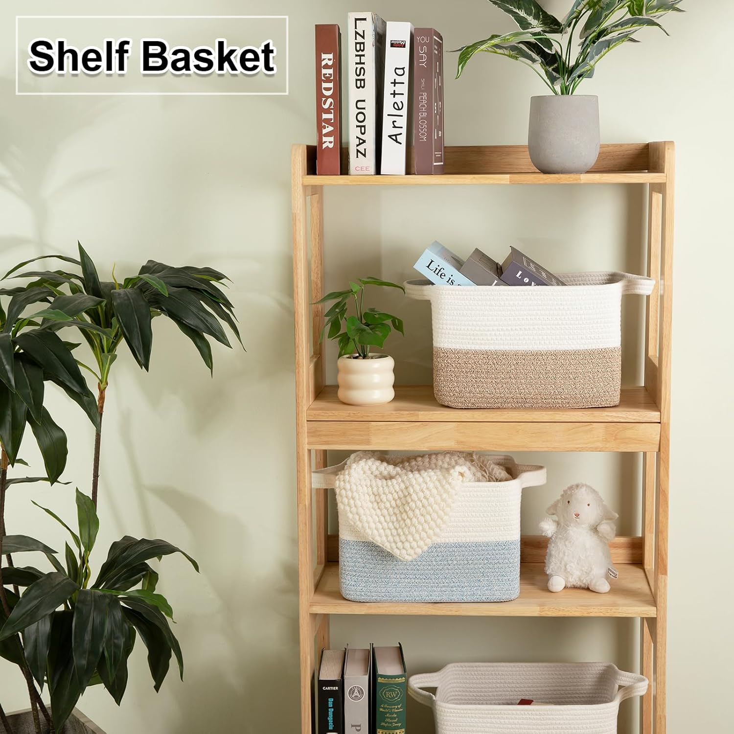 OIAHOMY Woven Storage Basket - Rectangle Cotton Rope Organizer for Toys, Towels & Books | 13 x 10 x 9 in, Brown & White