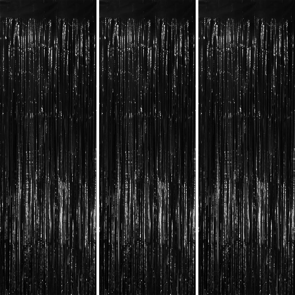 Voircoloria Black Foil Fringe Backdrop Curtains - 3 Pack of 3.3x8.2 Feet Tinsel Streamers for Parties