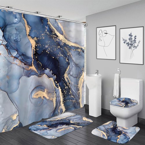 Nkzply 4 Pcs Blue Marble Shower Curtain Set Modern Abstract Bathroom Sets with Shower Curtain and Rugs Gold Fabric Shower Curtains for Bathroom Decor Accessories with Bath Rugs Toilet Lid Cover Hooks