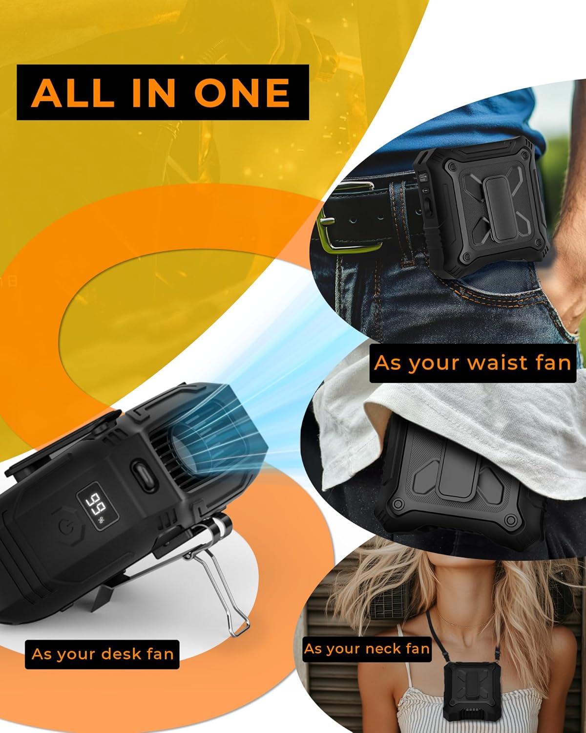 TUNISE Portable Fan - 5-Speed Dual-Sided Clip-On Waist Fan with 8000mAh Power Bank & Flashlight