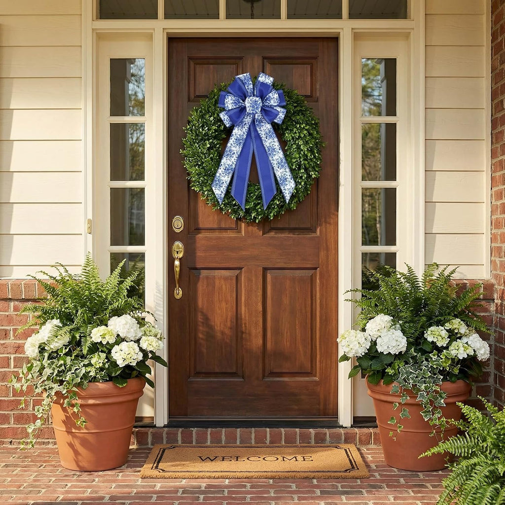 Chinoiserie Wreath Bow by Blue - 21 Inch Large Floral Wired Ribbon for Spring Door Decor
